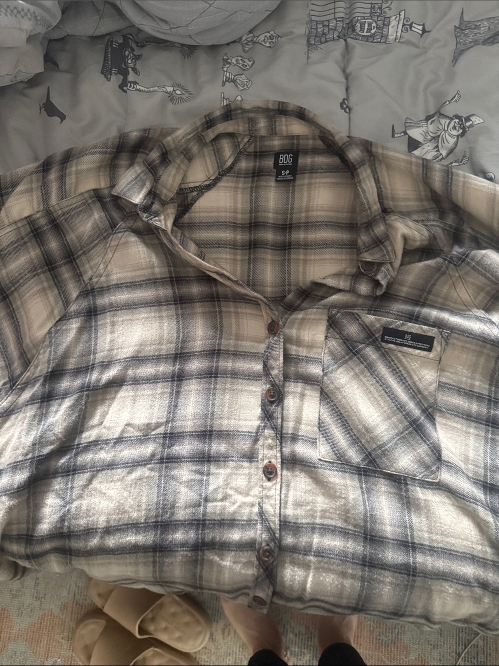 BDG Plaid Button-Down Shirt in Beige and Gray